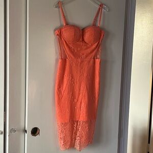 BEBE Coral Orange Lace Corset Bodycon Sheath Dress. NWT. US 8.